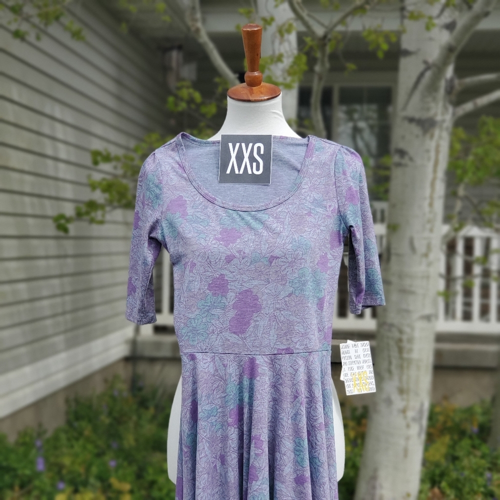 LuLaRoe Nicole dress, XXS, Heather grey, purple